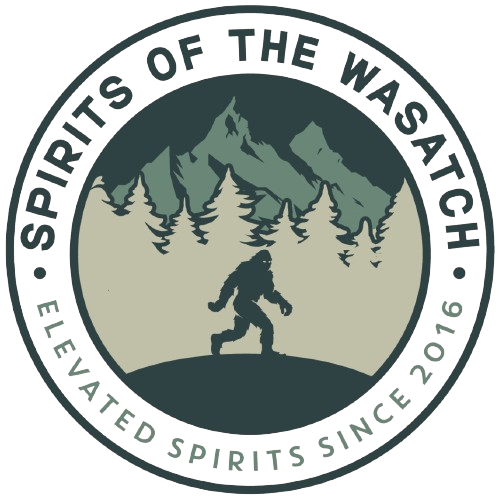SOTW Sasquatch Logo - Mountains, trees, sasquatch walking, with the words Spirits of the Wasatch Elevated Spirits Since 2016 encircling them.